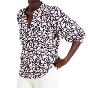 WILLOW DRIVE M Printed Dark Navy White Patterned V-Neck Ruched-Sleeve Top